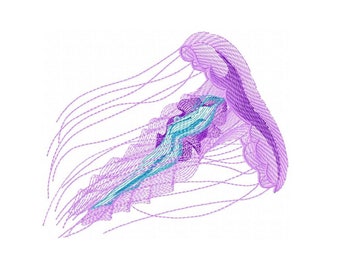 May include: A purple and blue jellyfish with long tentacles. The jellyfish is outlined in a thin purple line.