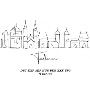 May include: Line drawing of the Tallinn skyline, featuring several buildings with pointed roofs. The text "Tallinn" is written below the drawing. The text "DST EXP JEF HUS PES XXX VP3 9 SIZES" is written below the city name.