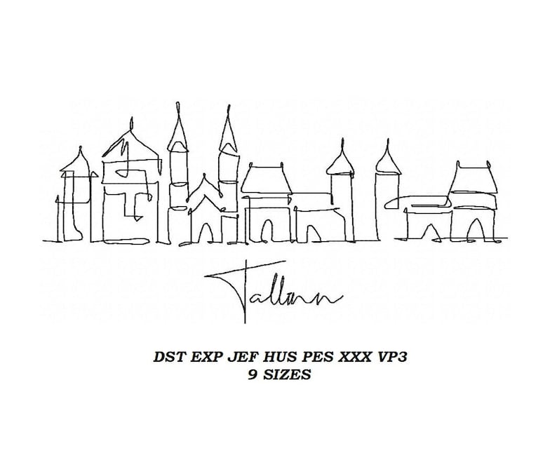 May include: Line drawing of the Tallinn skyline, featuring several buildings with pointed roofs. The text "Tallinn" is written below the drawing. The text "DST EXP JEF HUS PES XXX VP3 9 SIZES" is written below the city name.