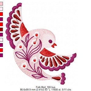 May include: Embroidered folk art design of a pink bird with red and purple accents. The bird is surrounded by stylized flowers and leaves.