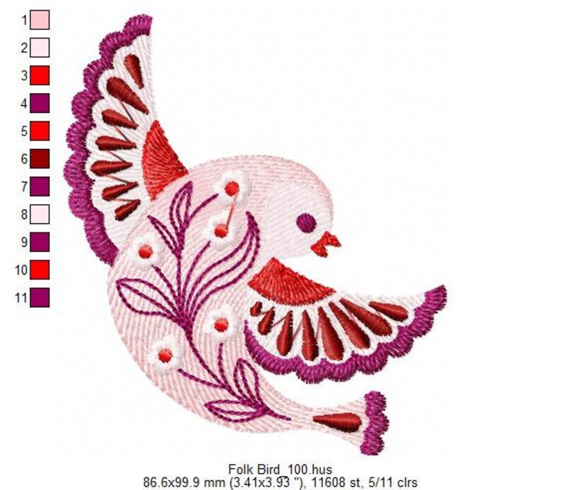 May include: Embroidered folk art design of a pink bird with red and purple accents. The bird is surrounded by stylized flowers and leaves.