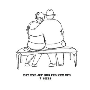 Elderly Couple Embroidery Design 01 - 7 Sizes - contour stitch embroidery pattern, line art