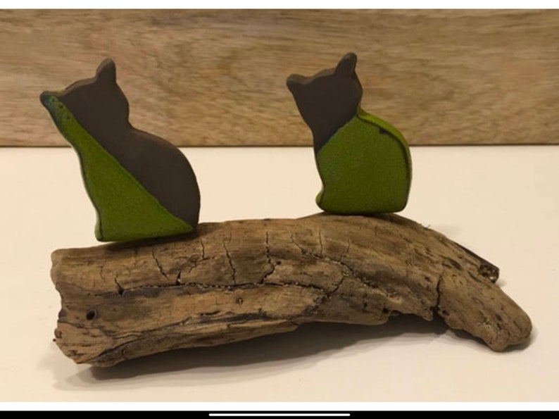 Three little enameled cats sitting on driftwood image 7