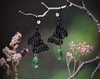 Black Butterfly Earrings (Green Crystal)