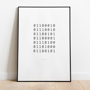 May include: A black framed print with a white background and a series of binary code numbers in grey text. The numbers are arranged in a grid pattern. The text "01100010" is repeated multiple times.