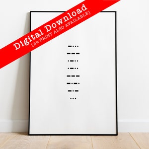 Puede incluir: Una impresión enmarcada en negro con fondo blanco y una línea vertical de puntos y rayas negras. El texto "Descarga digital [IMPRESIÓN A4 TAMBIÉN DISPONIBLE]" está en rojo en la parte superior de la imagen.