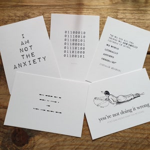 Positieve affirmatie ansichtkaarten - set van 5 of 10 | licht beledigend | angst | morsecode | binaire code | Thomas Edison | motiverende afdruk