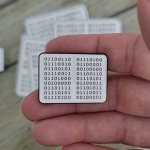 Peut inclure: Une épingle rectangulaire noire et blanche représentant du code binaire. L'épingle a des coins arrondis et un bord blanc. Le code binaire est disposé en lignes et en colonnes, avec les chiffres 0 et 1 formant le code.