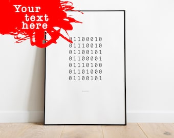 CUSTOM binary code A4 print | wall art | your quote here | minimalist | binary | geek | coding art | IT