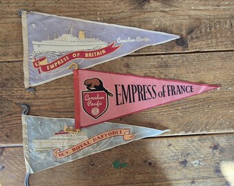 Canadian Pacific 3 x vintage pennant - Empress of France, Britain & M.V Royal Daffodil 1940's/50's