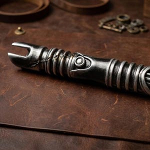 May include: A metallic silver lightsaber prop with intricate detailing, including ribbed sections and a stylized emitter. The prop is displayed on a brown leather surface, suggesting a vintage or steampunk aesthetic. The lightsaber measures approximately 30 cm in length.
