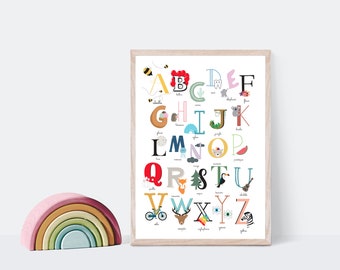 Affiche enfant, abécédaire, illustration, graphique, affiche alphabet