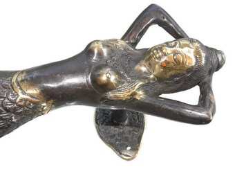 skinny 34cm MERMAID door handle 13/" solid brass door PULL aged green patina B