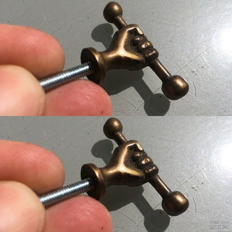 2 small aged 1.34 old style fist Cabinet Door solid pure Brass knob Drawer Pull old style HAND knobs heavy 45 mm vintage antique style