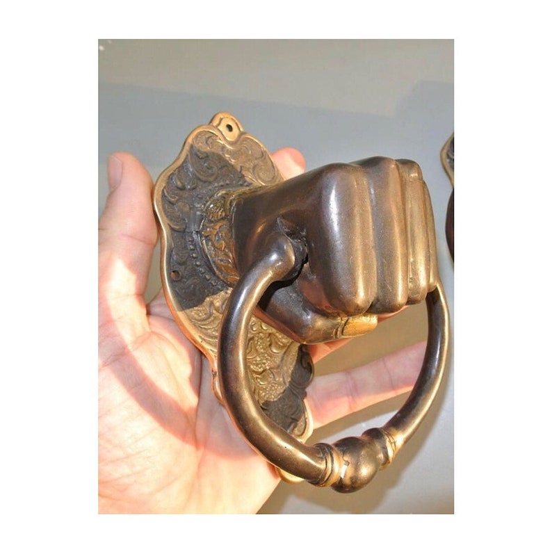 Solid Brass hollow fist hand Door Knocker PULL HANDLE ring 7 aged old look very heavy vintage antique style barn door bronze patina