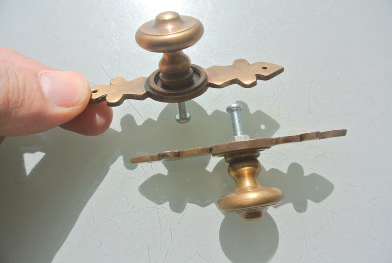 2 small old style vintage Cabinet Door solid pure Brass KNOB Drawer Pull backplate gothic 8.5 cm