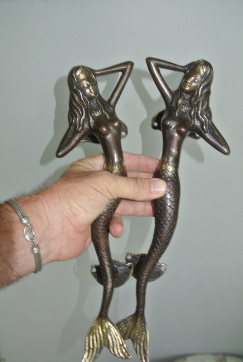 skinny 34cm MERMAID door handle 13" solid brass door PULL aged bronze patina B