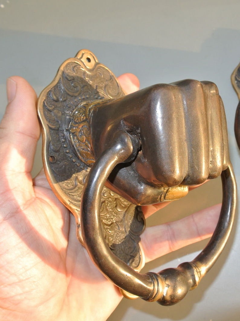Solid Brass hollow fist hand Door Knocker PULL HANDLE ring 7 aged old look very heavy vintage antique style barn door bronze patina