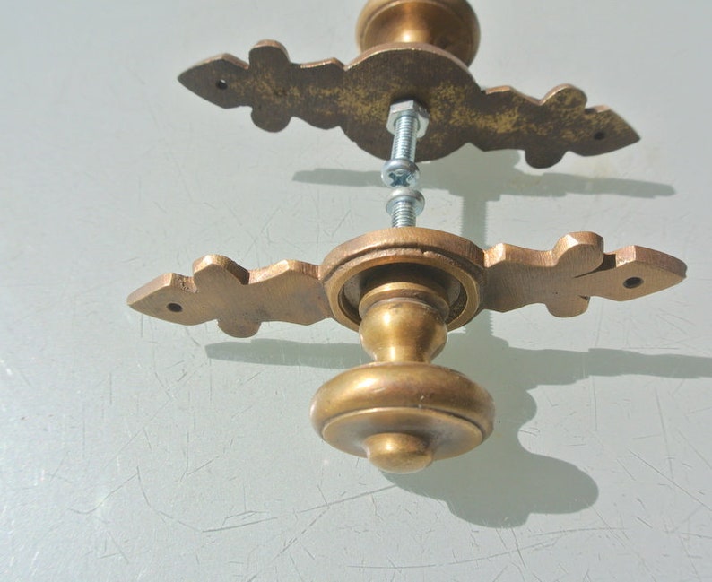 2 small old style vintage Cabinet Door solid pure Brass KNOB Drawer Pull backplate gothic 8.5 cm