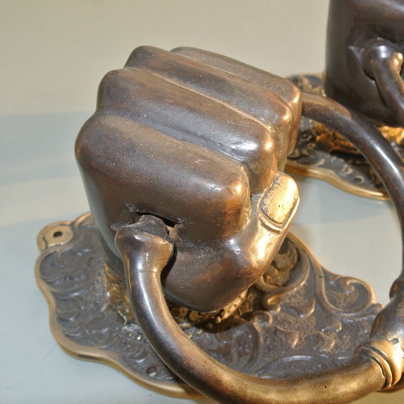 Solid Brass hollow fist hand Door Knocker PULL HANDLE ring 7 aged old look very heavy vintage antique style barn door bronze patina