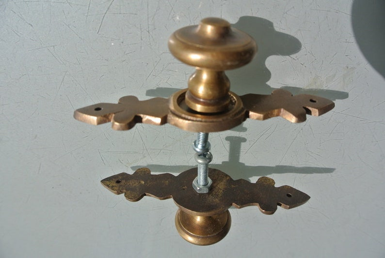 2 small old style vintage Cabinet Door solid pure Brass KNOB Drawer Pull backplate gothic 8.5 cm