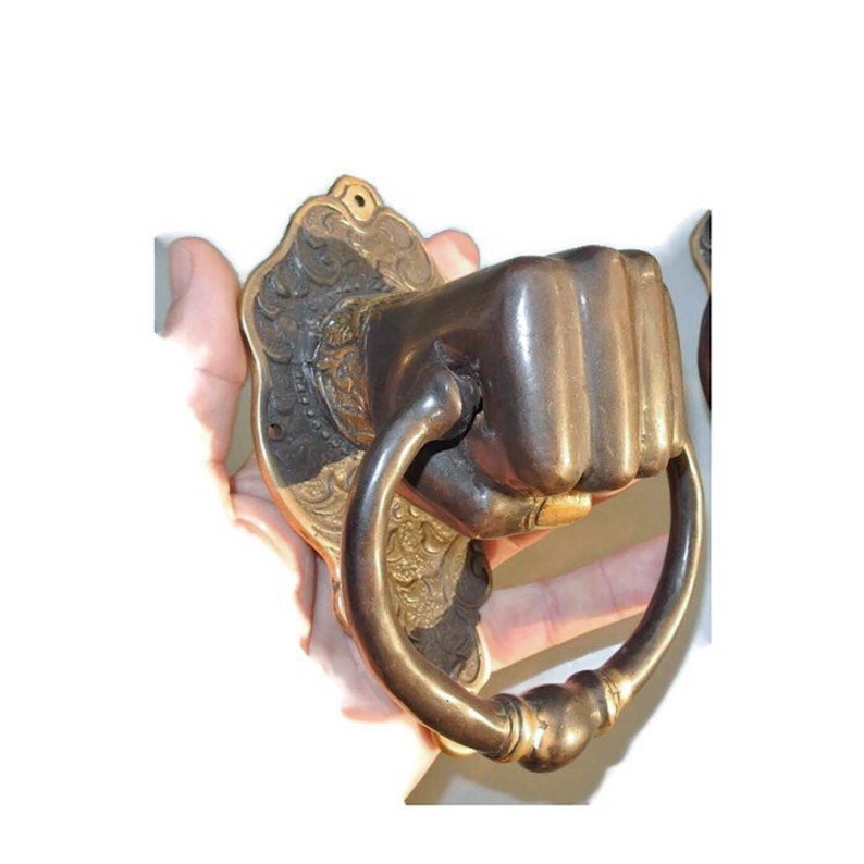 Solid Brass hollow fist hand Door Knocker PULL HANDLE ring 7 aged old look very heavy vintage antique style barn door bronze patina