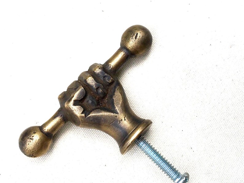 2 small aged 1.34 old style fist Cabinet Door solid pure Brass knob Drawer Pull old style HAND knobs heavy 45 mm vintage antique style