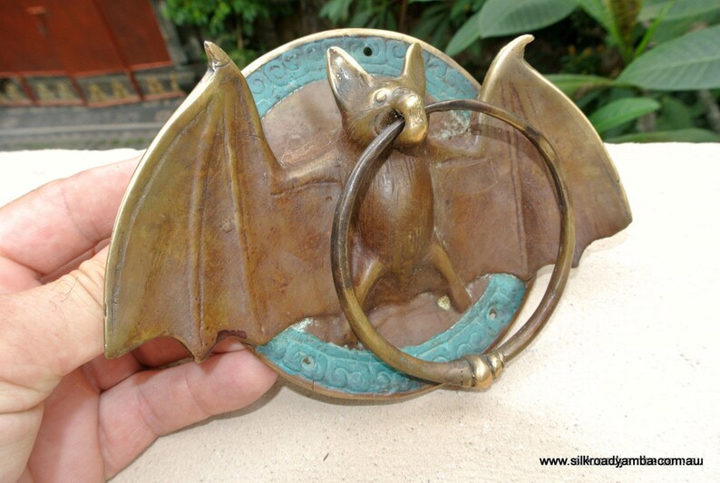 Door Knocker Bat Ring Old Heavy Front Solid Brass Vintage Antique Style 7 Inches Bronze Green