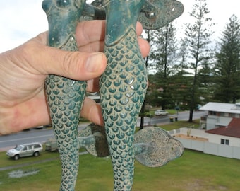 2 medium size MERMAID seaside green brass door PULL old style look heavy house PULL handle 13" aged