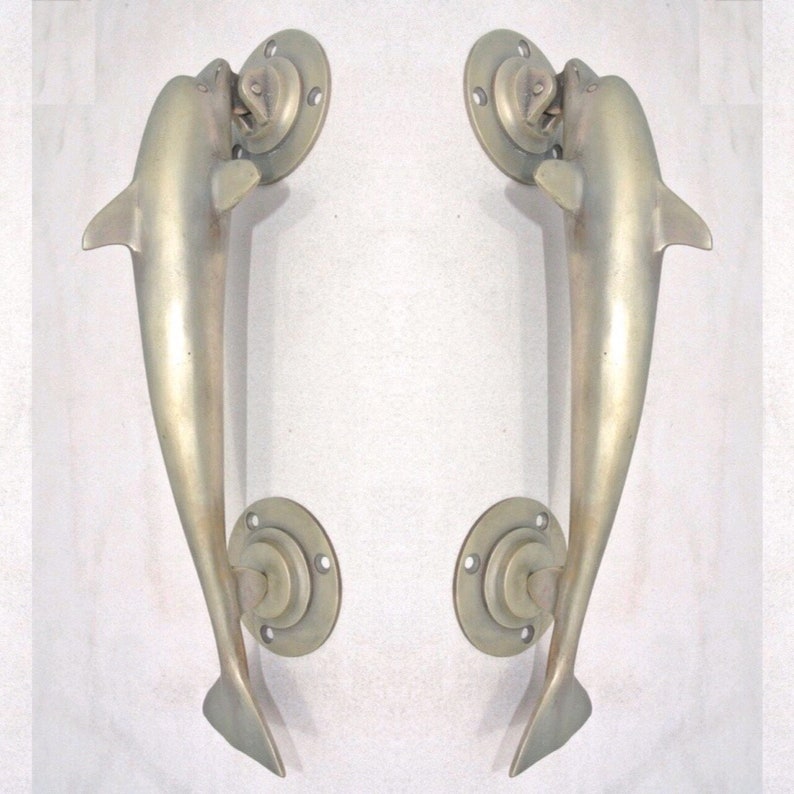2 SILVER plated medium DOLPHIN handle door PULL 30 cm 12 solid pure brass hollow old aged style vintage style sea side beach