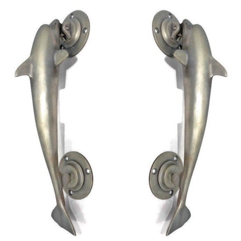 2 SILVER plated medium DOLPHIN handle door PULL 30 cm 12 solid pure brass hollow old aged style vintage style sea side beach