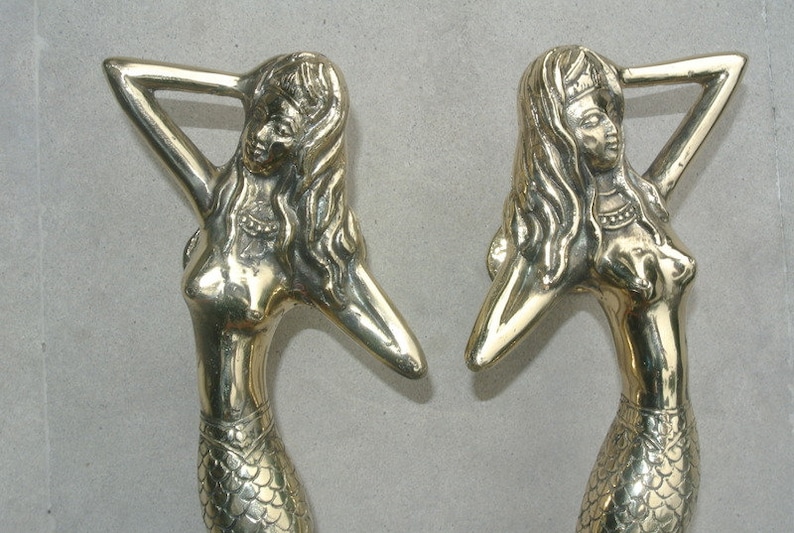 skinny 34cm MERMAID door handle 13/" solid brass door PULL aged green patina B
