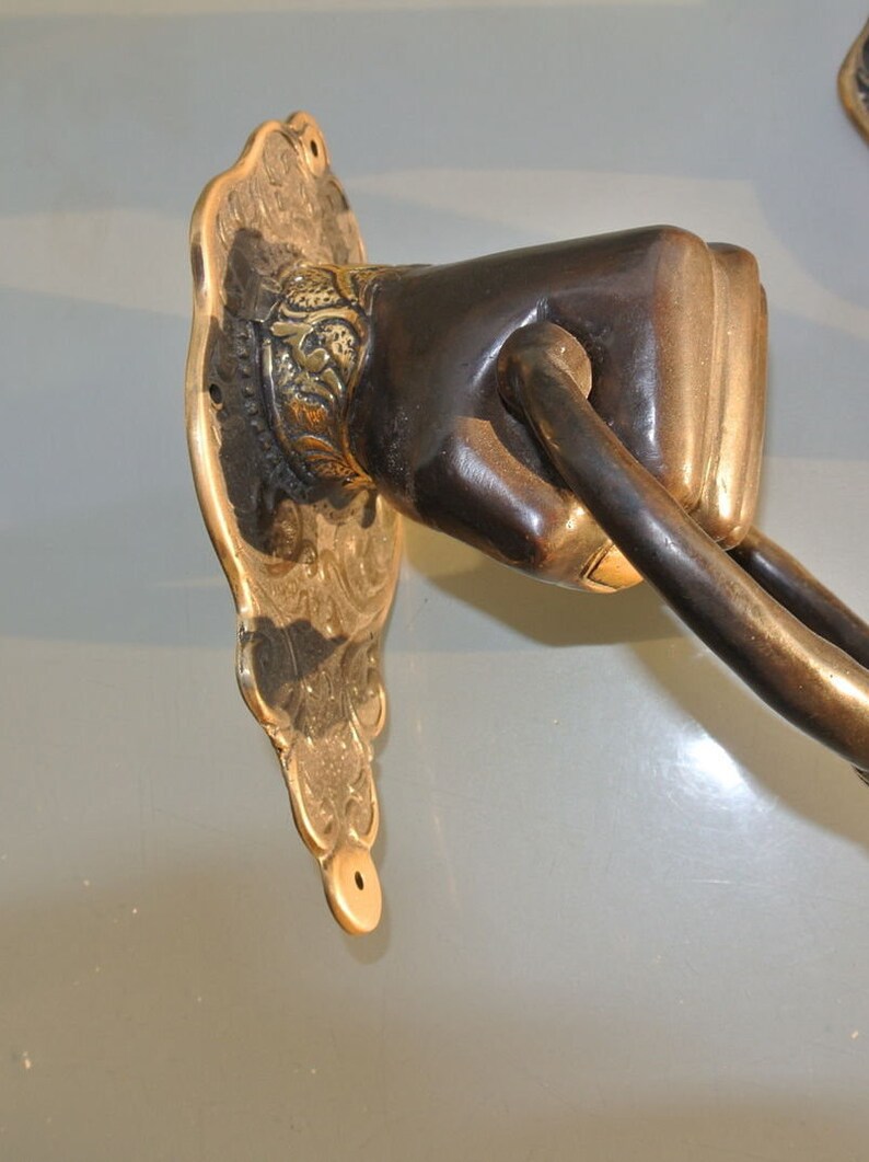 Solid Brass hollow fist hand Door Knocker PULL HANDLE ring 7 aged old look very heavy vintage antique style barn door bronze patina