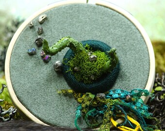 Pityrea Cladonia Lichen + Moss w Pyrite 3D Embroidery Art Mixed Media Embroidery Strange Nature Weird Art Nature Art Fiber Art Lichen Decor