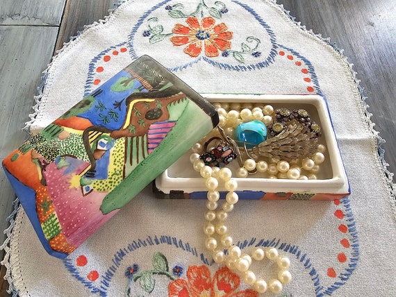 Hand-painted Rectangular Ceramic Box with Lid (90… - image 2