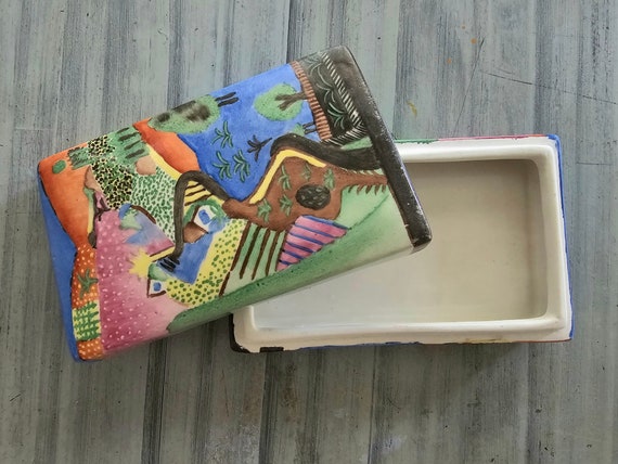 Hand-painted Rectangular Ceramic Box with Lid (90… - image 1