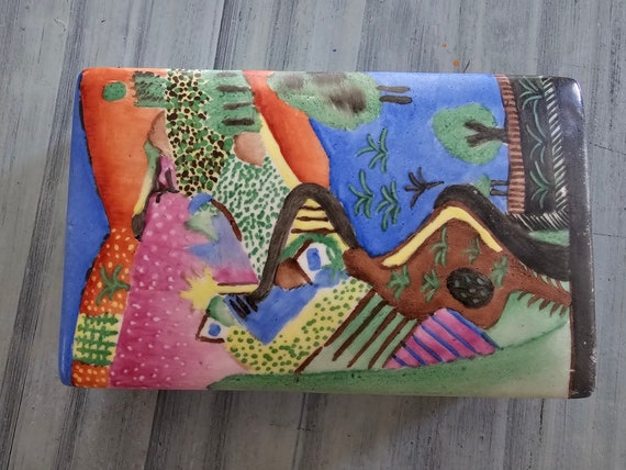 Hand-painted Rectangular Ceramic Box with Lid (90… - image 3