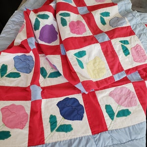 May include: A red, white and blue patchwork quilt with a floral design. Each square features a different coloured flower with green leaves.