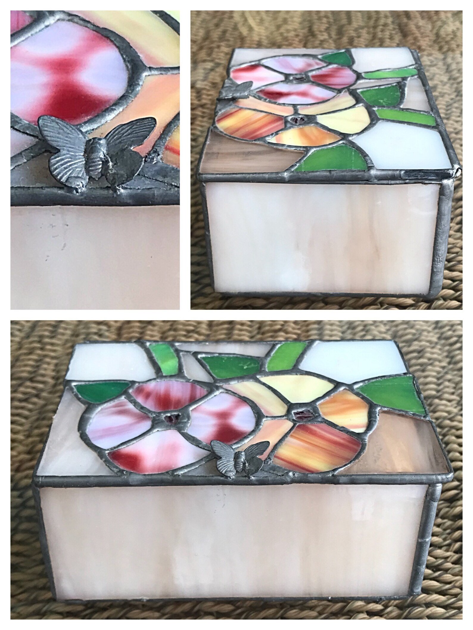 Stained Glass Floral Flowers Trinket Jewelry Box Butterfly Etsy