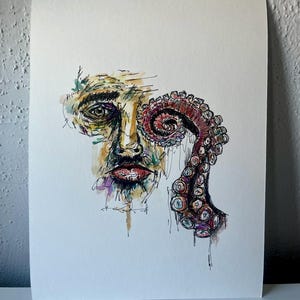 Eye of the Octopus | Unique original octopus India ink and watercolor painting