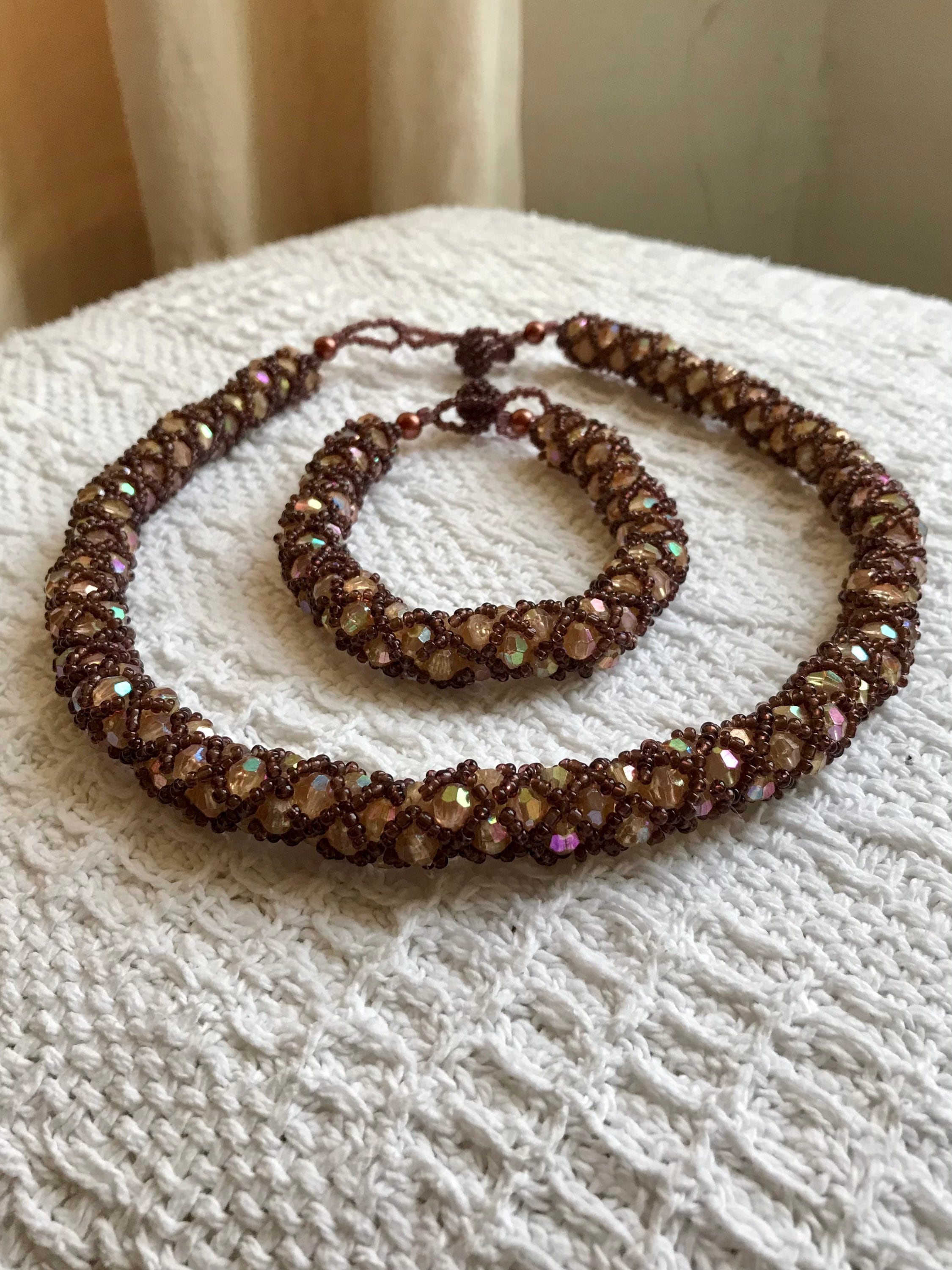 Vintage Handmade Beaded Netted Tubular Necklace and Bracelet Set Burgundy /  Mauve and Pink 