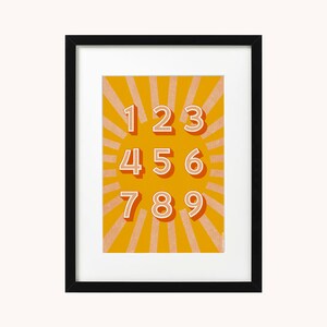 Impresión de números A4 / A5, tipografía moderna, decoración de la habitación de los niños de la guardería, arte de la pared, cartel retro, feliz