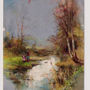 Figuren schlendern entlang FLUSS, Bäume, Antike WEIHNACHTSpostkarte, W & K, Gesendet 1906