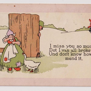 Piccola ragazza olandese che piange, bambino che sbircia da dietro la recinzione, oca e mulino a vento, cartolina d'artista antica, cartolina con messaggio di Davis, pubblicata nel 1922