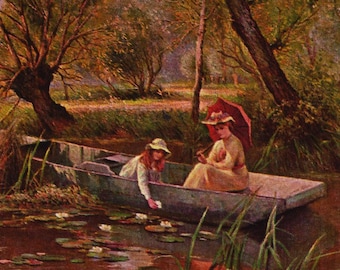 GATHERING WATER LILIES,  Antique Artist Postcard, S Hildesheimer, 1905