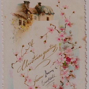 Victoriaanse kerstkaart/schroot/ephemera, COTTAGES, BLOESEMS, 1894
