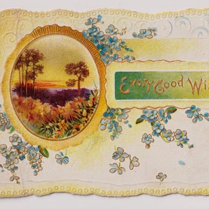 Vergeet-mij-nietjes en inzet van landschap, nieuwjaar, Victoriaanse antieke wenskaart/schroot/efemere verschijnselen, Raphael Tuck, 1898