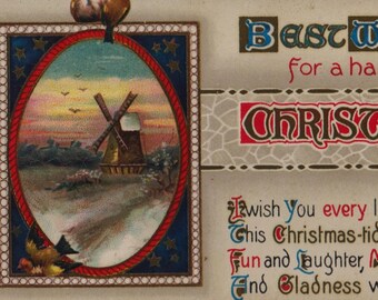 Antique Christmas Postcard: WINDMILL and BIRDS, c1910s