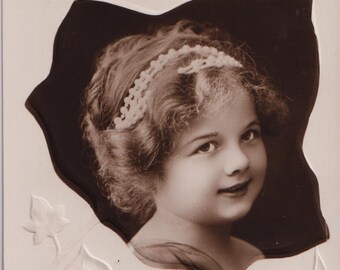GIRL with CURLY Hair,  Antique Real Photo Embossed Birthday Postcard, NPG/ E J Hey, c1910