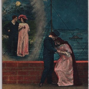 May include: Vintage postcard featuring a romantic scene with sailors and women. The image shows a harbor scene with a ship, and the text "When the fields are white with daisies." The artwork has a nostalgic feel.